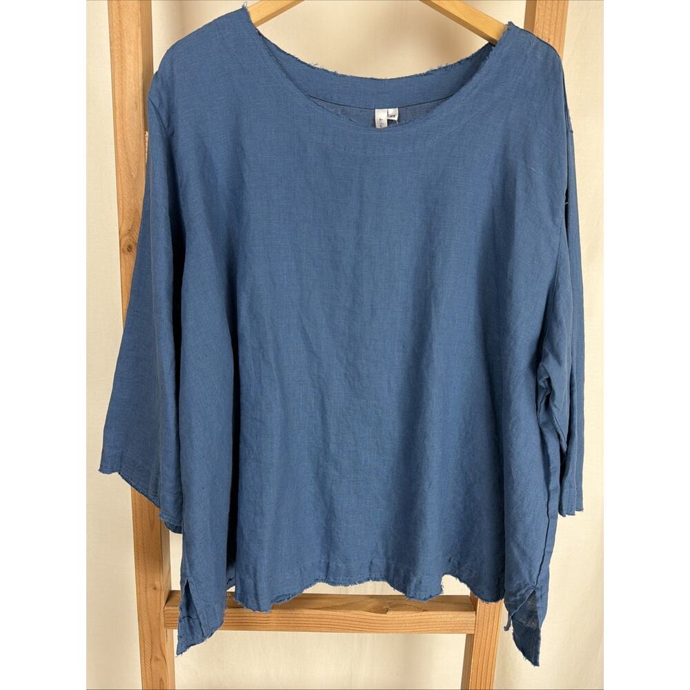 NWT Kleen Navy Fray Top 3.5 Side Slit 100% Linen #0833 XS